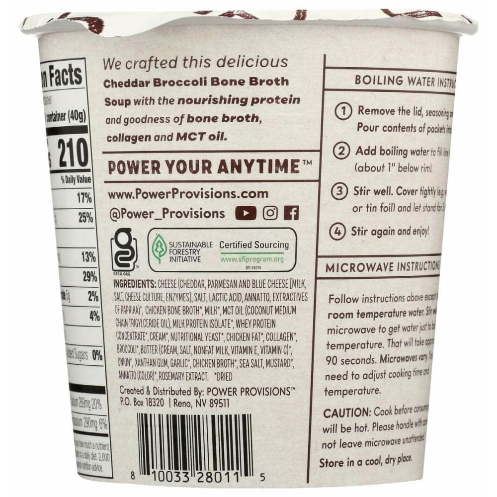 POWER PROVISIONS Grocery > Soups & Stocks POWER PROVISIONS: Cheddar Broccoli Bone Broth Soup, 1.4 oz