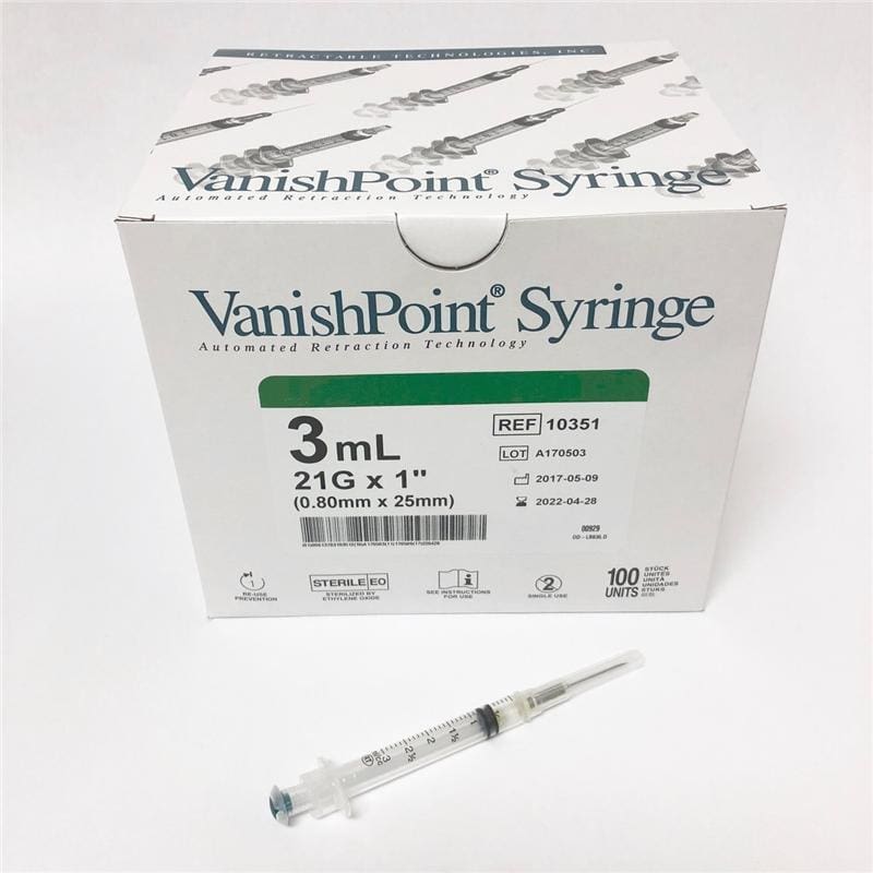 Retractable Technologies Syringe 3Cc 21G X 1In Vp Box of 100 - Needles and Syringes >> Syringes with Needles - Retractable Technologies