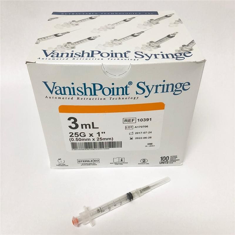 Retractable Technologies Syringe Safety 3Cc 25G X 1In Vp Box of 100 - Needles and Syringes >> Syringes with Needles - Retractable