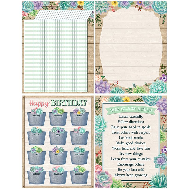 Rustic Bloom Succulents 4 Chart Set (Pack of 3) - Classroom Theme - Teacher Created Resources