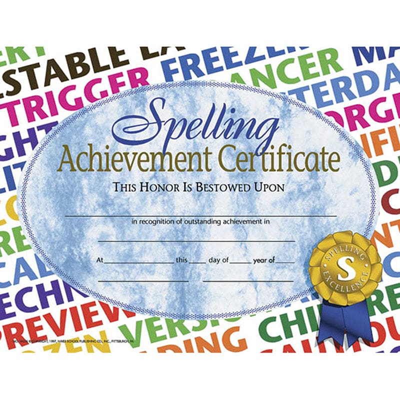 Spelling Achievement 30/Pk 8.5X11 Certificates (Pack of 8) - Language Arts - Flipside