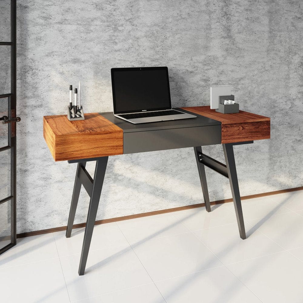 Techni Mobili Writing Desk with Coated Grey Steel Frame - Mahogany - Office Desks - Techni Mobili