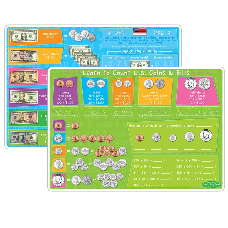 Us Money&Coins Learning Mat 2 Sided Write On Wipe Off (Pack of 10) - Money - Ashley Productions