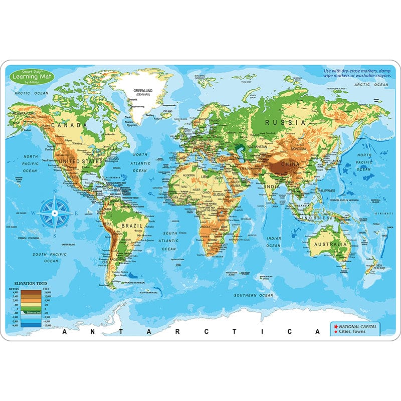 World Map Physical Learn Mat 2 Side Write On Wipe Off (Pack of 10) - Maps & Map Skills - Ashley Productions