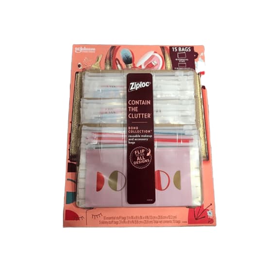 Ziploc Contain The Clutter, Makeup Bag, 15 Count, Assorted Designs - ShelHealth.Com