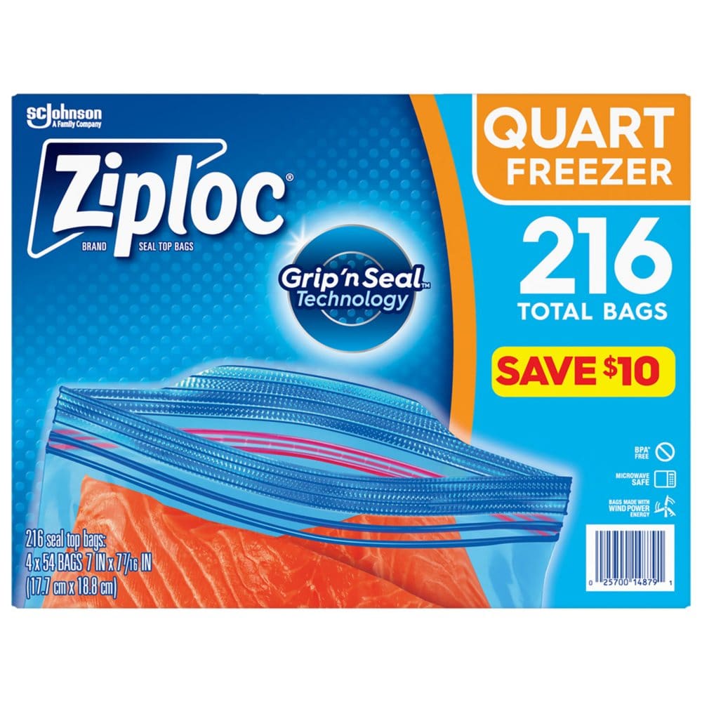 Ziploc Easy-Open Tabs Freezer Quart Bags (216 ct.) - Paper & Plastic - Ziploc Easy-Open